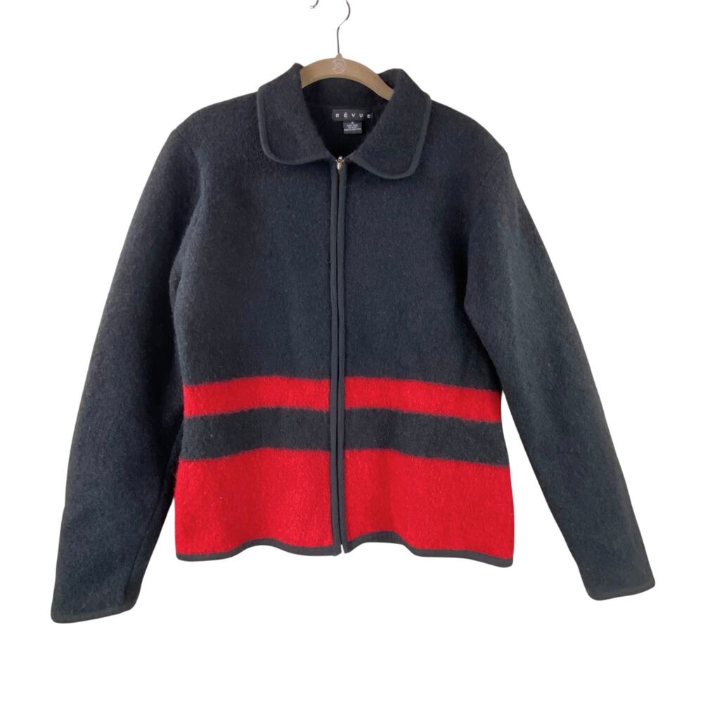 Vintage 100% Boiled Wool Jacket Size S Black Red Zip